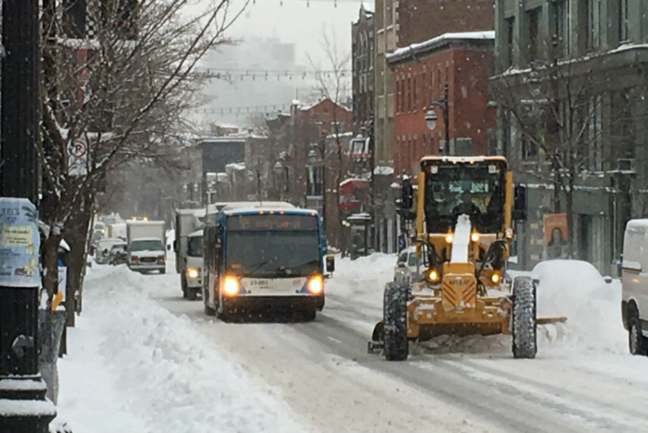 Bus and snow plow on St. Lawrence Blvd.