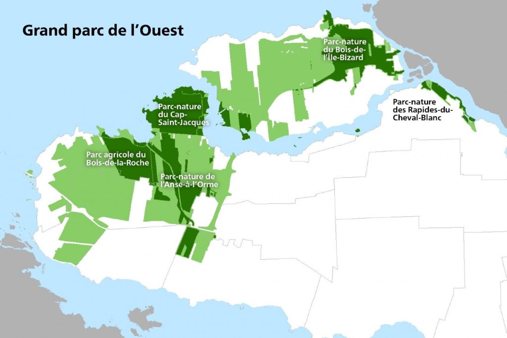 MAp of The Grand Parc de l'Ouest will include the L'Anse-à-l'Orme, Bois-de-L'île-Bizard, Bois-de-la-Roche, Cap-Saint-Jacques and Des Rapides-du-Cheval-Blanc nature parks, along with other areas of interest.
