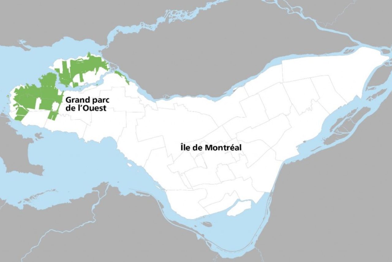 Mapof The Grand Parc de l'Ouest will span more than 3,000 hectares — a surface eight times larger than Central Park. The park's territory includes the Pierrefonds-Roxboro and L'Île-Bizard — Sainte-Geneviève boroughs as well as the Sainte-Anne-de-Bellevue, Kirkland, Beaconsfield and Senneville municipalities.